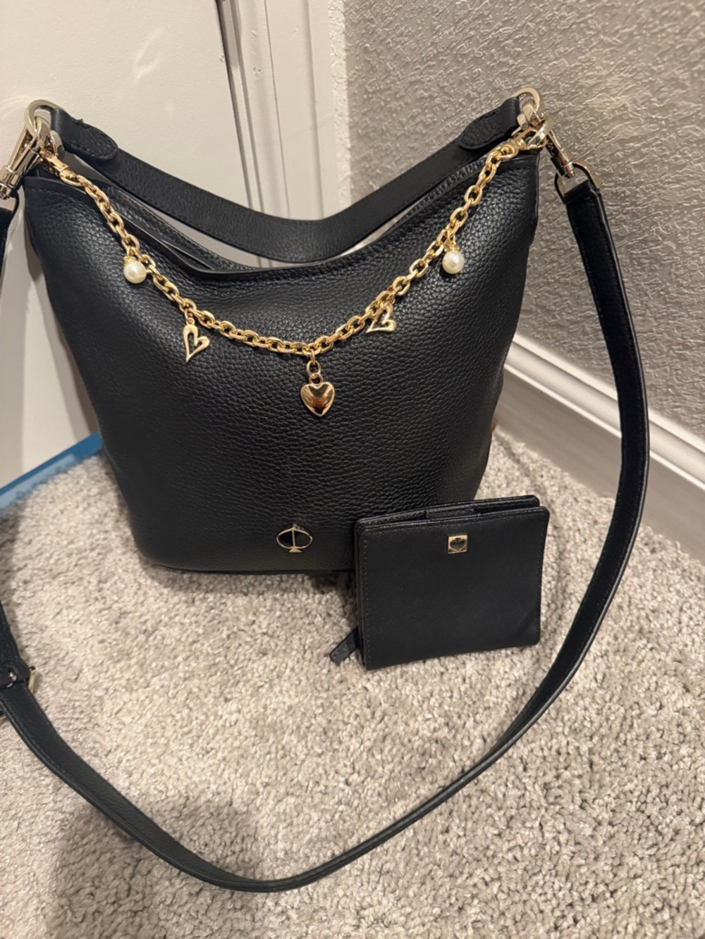 Kate Spade Black Leather Mini Bag with Gold Charm Chain